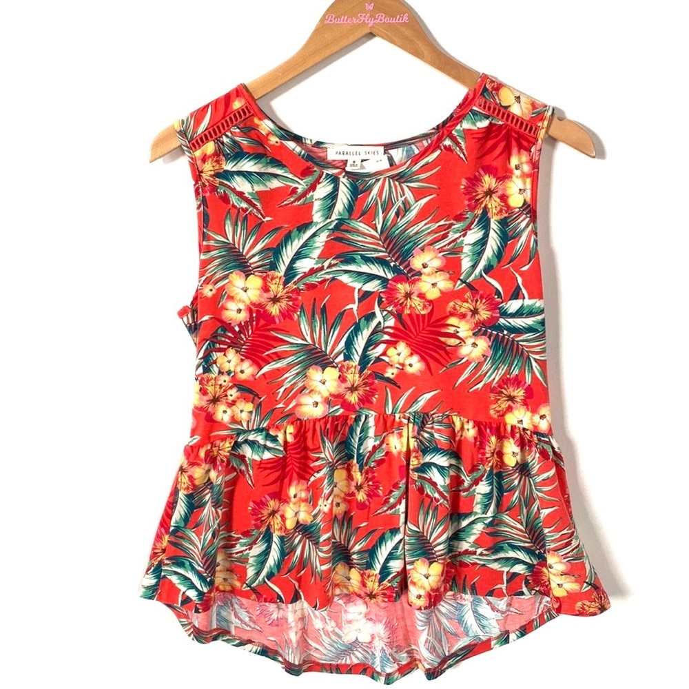 Parallel Skies Floral Sleeveless Peplum Hi-Low Top, Size S